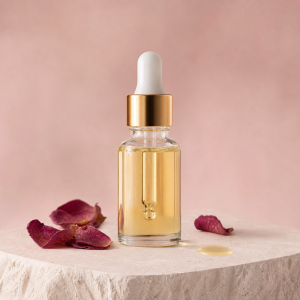 Aceite dorado para cutículas en frasco con gotero