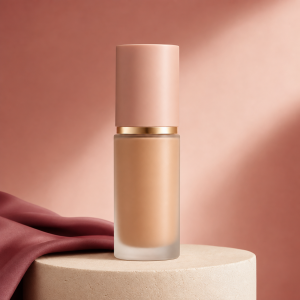 Base líquida en frasco nude sobre pedestal marfil