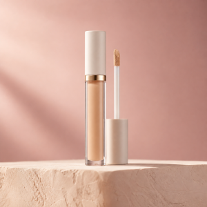 Corrector líquido beige con aplicador sobre fondo rosa