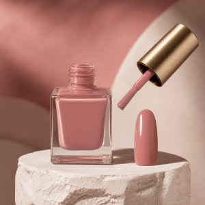 Esmalte gel rosa nude con muestra de color brillante