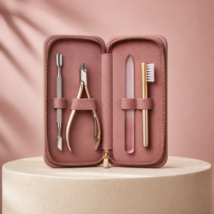 Herramientas para cutículas organizadas en estuche rosa
