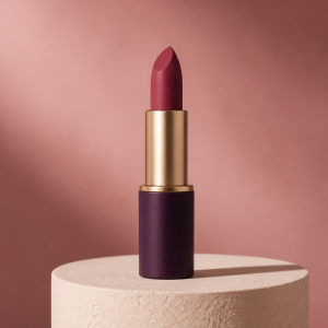 Labial mate rosa ciruela con detalles dorados